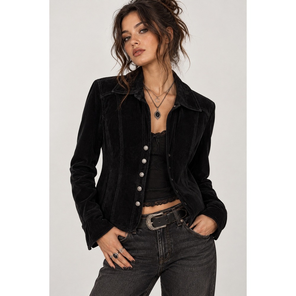 Dressbarn Suede Leather Jacket Womens L Black Snap Front Western Vintage Y2K